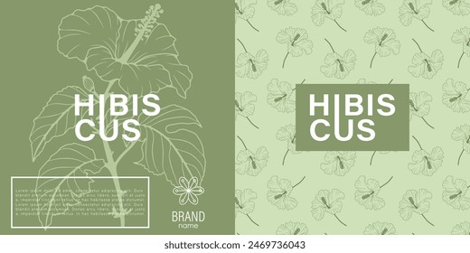 Two elegant labels showcasing hibiscus flower illustrations in an engraving style, set against pastel-colored backgrounds with prominent, stylish typography. Floral vector seamless pattern.