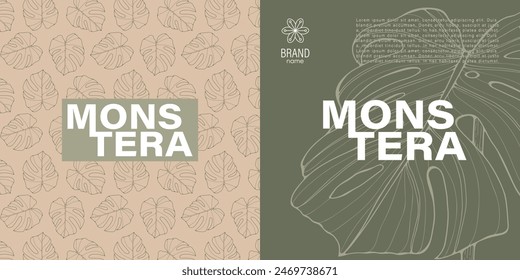 Two elegant labels showcasing monstera leaf illustrations in an engraving style, set against pastel-colored backgrounds with prominent, stylish typography. Tropical vector seamless pattern.