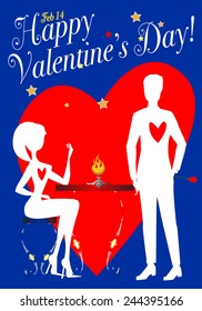 Two elegant lovers, a woman and a man, with flowers and heart, are waiting to celebrate the  Saint Valentine's day dinner.