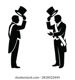 Two elegant men in formal suits and top hats bowing and greeting each other in black silhouette