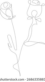 Dos elegantes y minimalistas rosas de arte de línea con delicadas hojas sobre un fondo blanco.