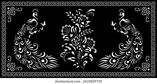 two elegant peacocks and an ornate floral motif, all arranged in a symmetrical decorative style suitable for laser cutting