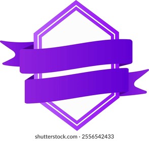 Two elegant purple ribbons wrapping around a hexagonal frame against a crisp white background, creating a versatile badge ideal for various branding and promotional purposes