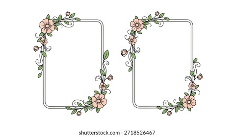 Zwei elegante rechteckige Rahmen mit bunten handgezeichneten rosa Blumen und grünen Blättern in den Ecken auf weißem Hintergrund.