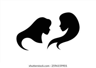 Two elegant silhouettes of women are portrayed in profile, featuring flowing hair that adds a sense of grace. The stark black against the white background creates a striking contrast.