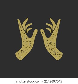 Two elegant spiritual woman hands practicing magic spiritual minimalist hand drawn silhouette golden grunge texture vector illustration. Female arms fashion antique logo for beauty salon isolated