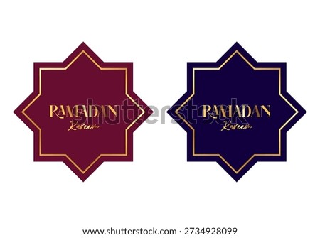 Two elegant star-shaped emblems with the text "Ramadan Kareem" in gold calligraphy, one burgundy and one navy blue, set against a white background.