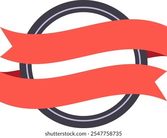 Dos elegantes cintas rojas onduladas envuelven un marco circular con un delgado borde gris y un fondo blanco en blanco, creando un espacio perfecto para etiquetas personalizadas o diseños de logotipos