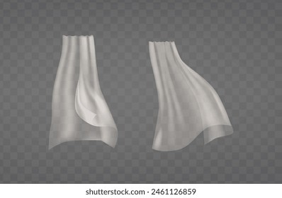 Two Elegant White Curtains In A Floating Motion Isolated On Transparent Background. Realistic 3d Vector Delicate Fabric