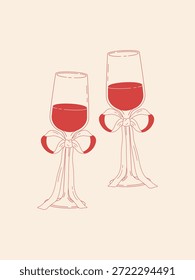 Dos copas de vino elegantes decoradas con lazos de cinta. Ilustración romántica de línea mínima para bodas, amor, celebración, aniversario, invitaciones de fiesta y diseños festivos.