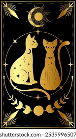 Dos gatos elegantemente diseñados se sientan uno al lado del otro, adornados con patrones celestes, enmarcados por fases lunares y un sol radiante, creando una cautivadora mezcla de astrología y arte.