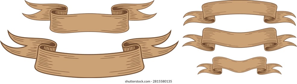 Two elegantly designed uncolored vintage scroll ribbon banners, offering ample space for customized text, ideal for decorative titles and awards.