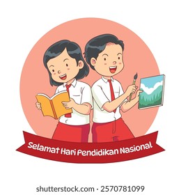 Two elementary school children reading books and drawing on canvas for Indonesian national education day