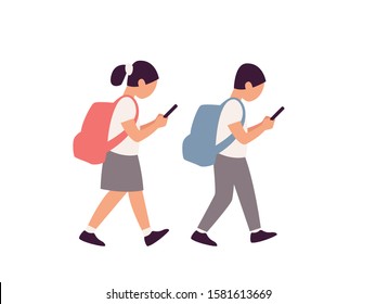 Two elementary school kids characters with backpacks walking with mobile phones. Colorful vector illustration isolated on white background.