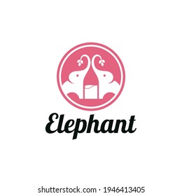Diseño del logo de dos elefantes con vino de botella