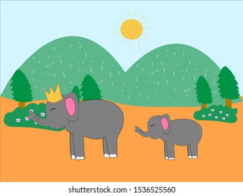two elephant cartoon at the forest when sunny day, elephant cute with the mother