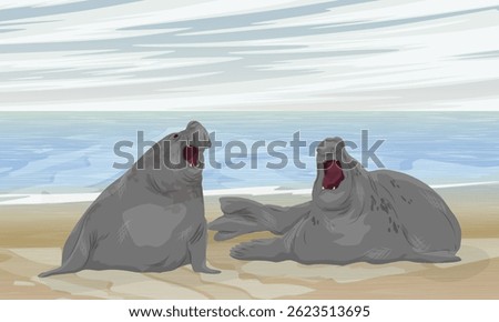 Two elephant seals resting in sandy shallow water. Realistic vector landscape