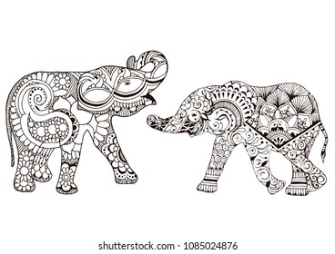 Two elephants decorated with Indian patterns. Ornate patterns in the style of mehndi.