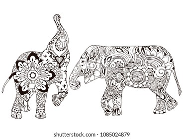 Two elephants decorated with Indian patterns. Ornate patterns in the style of mehndi.