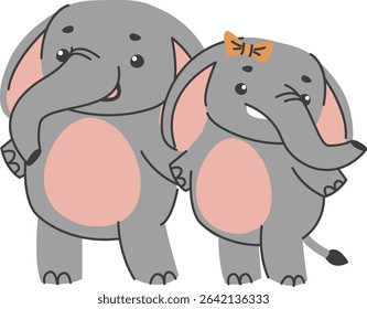 Two elephants are depicted in a cartoonish line art style with simple shapes and features.  A mother and child pachyderm duo enjoy a tender moment together. Cartoon vector illustration
