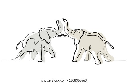 Two Elephants fighting. Continuous one line art drawing. Vector illustration. Color isolated on white background.