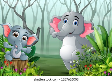 Two elephants in the forest with dry tree branches background