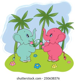 Two elephants with a nosegay. Vector  illustration