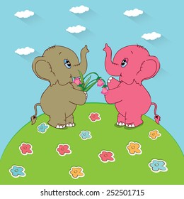 Two elephants with a nosegay. Vector illustration