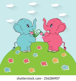 Two elephants with a nosegay. Vector illustration