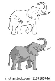 Two elephants on white background drawn by simple style.