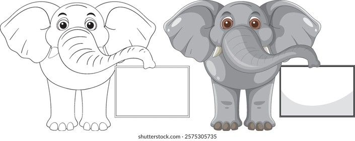 Two elephants with signs, one colored, one outlined