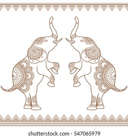 Two elephants standing up with seamless brown henna line lace borders in ethnic mehndi Indian henna style. Vector illustration isolated on white background