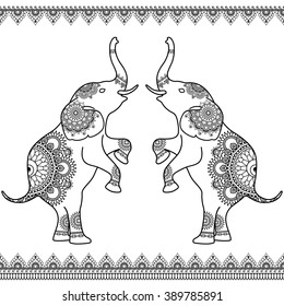 Two elephants standing up with seamless line lace borders in ethnic mehndi Indian henna style.  Vector illustration isolated on white background