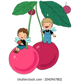 Two elf boys are sitting on a cherry tree. Cute cartoon gnomes with wings. 