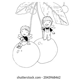 Two elf boys are sitting on a cherry tree. Cute cartoon gnomes with wings. Hand drawing isolated objects on white background. Vector illustration. 