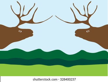 Two elks heads at summer field and forest with a sky background symbolizing nature protection and human influence or ecology problems