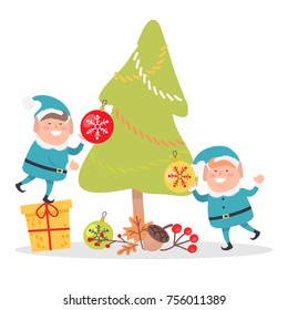 Two elves in blue santa suits decorate Christmas tree isolated on white background. Little elf stand on gift box to hang toy ball. Little xmas helpers vector illustration in flat style design