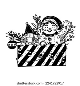 Two elves are hiding in a huge gift box. The elf boy waves his hand happily, and the elf girl modestly hides. The box is decorated with striped paper, spruce branches and Christmas balls, garland.