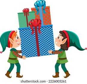 Two elves holding Christmas gift box illustration