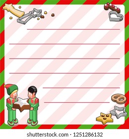 Two elves holding huge christmas cookie; cookies and cutters in various shapes and sizes (bakery template, framed and lined for your own text)