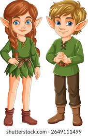 Dois elfos com orelhas pontudas e roupas verdes, de pé juntos. Cores brilhantes e recursos detalhados melhoram sua aparência extravagante
