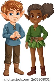 Two elves stand together, showcasing detailed costumes and expressive features in a colorful, whimsical vector style