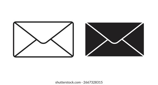 Dois ícones de envelope de email, um contorno e um preenchido, isolados em branco. Design simples e limpo.