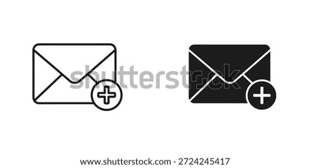 Two email icons, one in white and one in black, each featuring a plus sign, representing positive actions or additions.