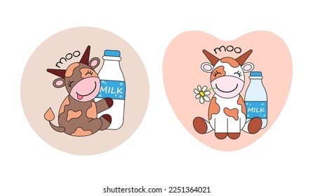 Two emblems with funny cows and bottles of milk in different colors isolated on a light background