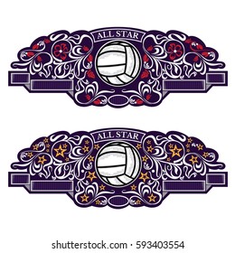 Two emblems with volleyball ball in center of violet banner with silver pattern. Sport logo for any team or competition all star isolated on white