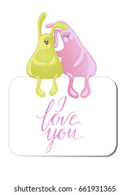 Two embracing rabbits isolated on white background. Cute animals hugs. I love you lettering. Vector illustration