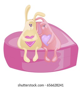 Two embracing rabbits sitting on a big pink heart. Isolated on white. Cute animals hugs.