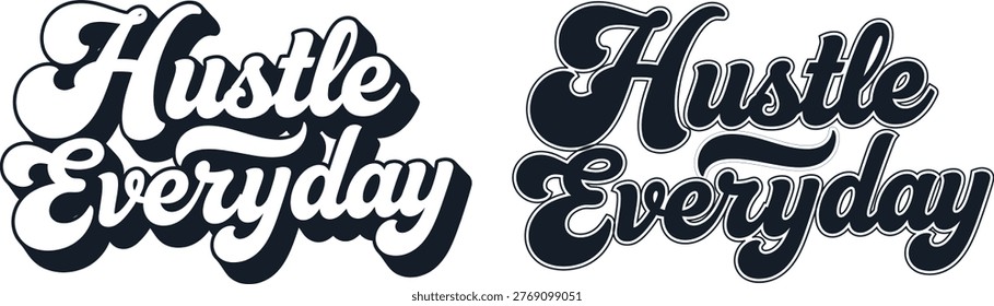 Two embroidered patches displaying the phrase 'Hustle Everyday' in distinct, artistic lettering styles, ideal for apparel or accessories.