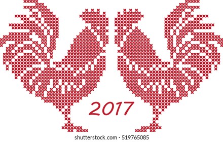 Two embroidered roosters